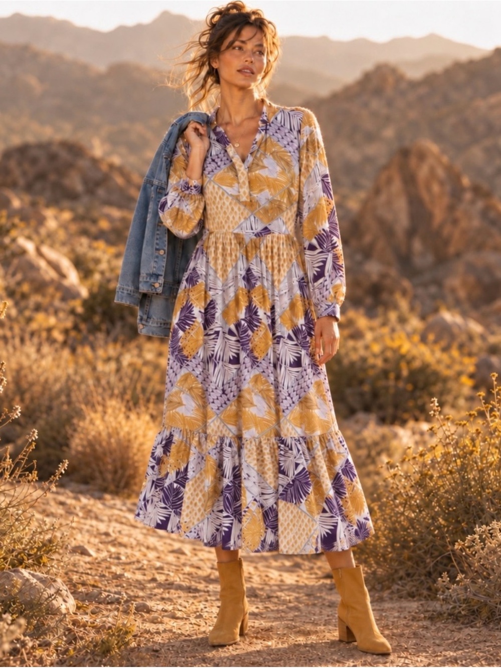 Mare Mare x Anthropologie Lynda Palm Geometric Maxi Dress Purple Yellow Size M